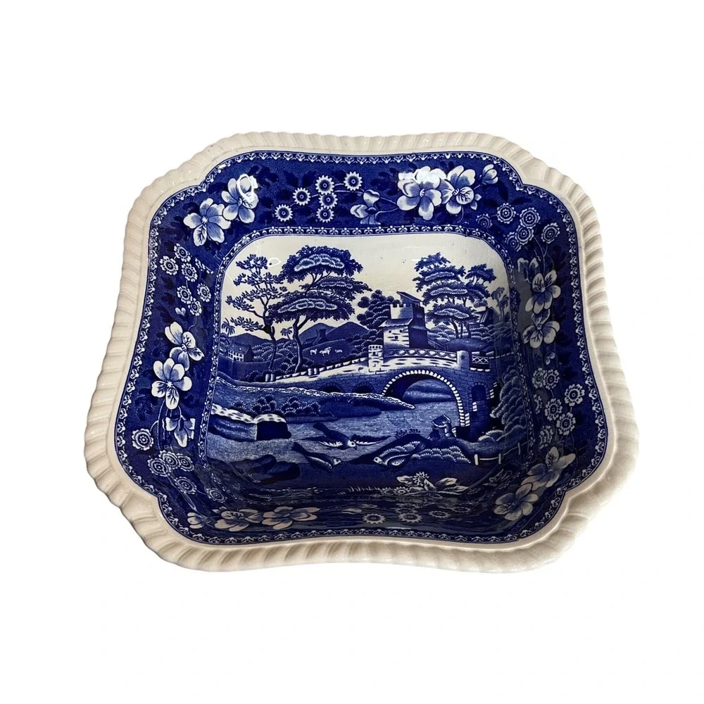 Vintage Spode‎ England Blue Tower Square Serving Bowl Cottagecore Luxury Classic